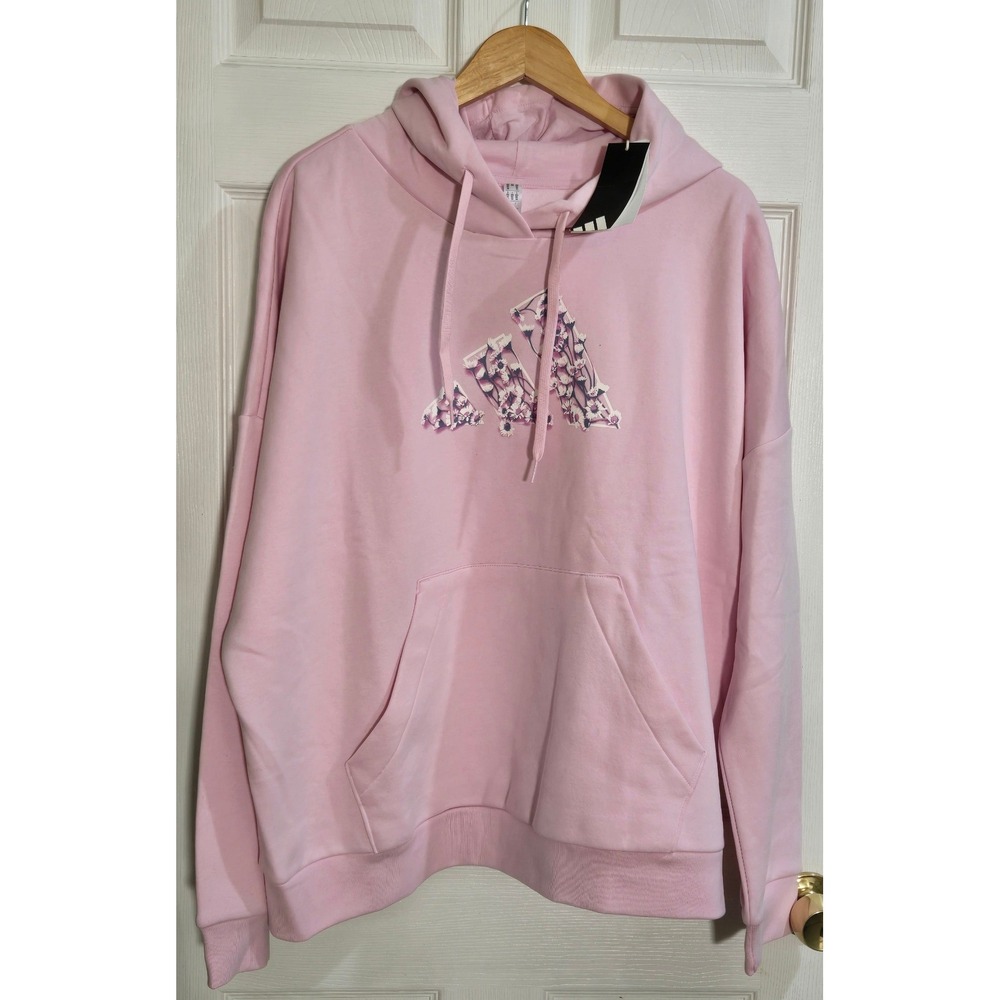 Adidas Women Floral Badge of Sport Hoodie Clear Pink Fleece KC4392 2XL NWT